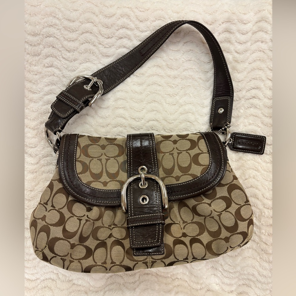 Coach Soho Signature Canvas Buckle Flap Shoulder Bag with Leather Trim Y2K